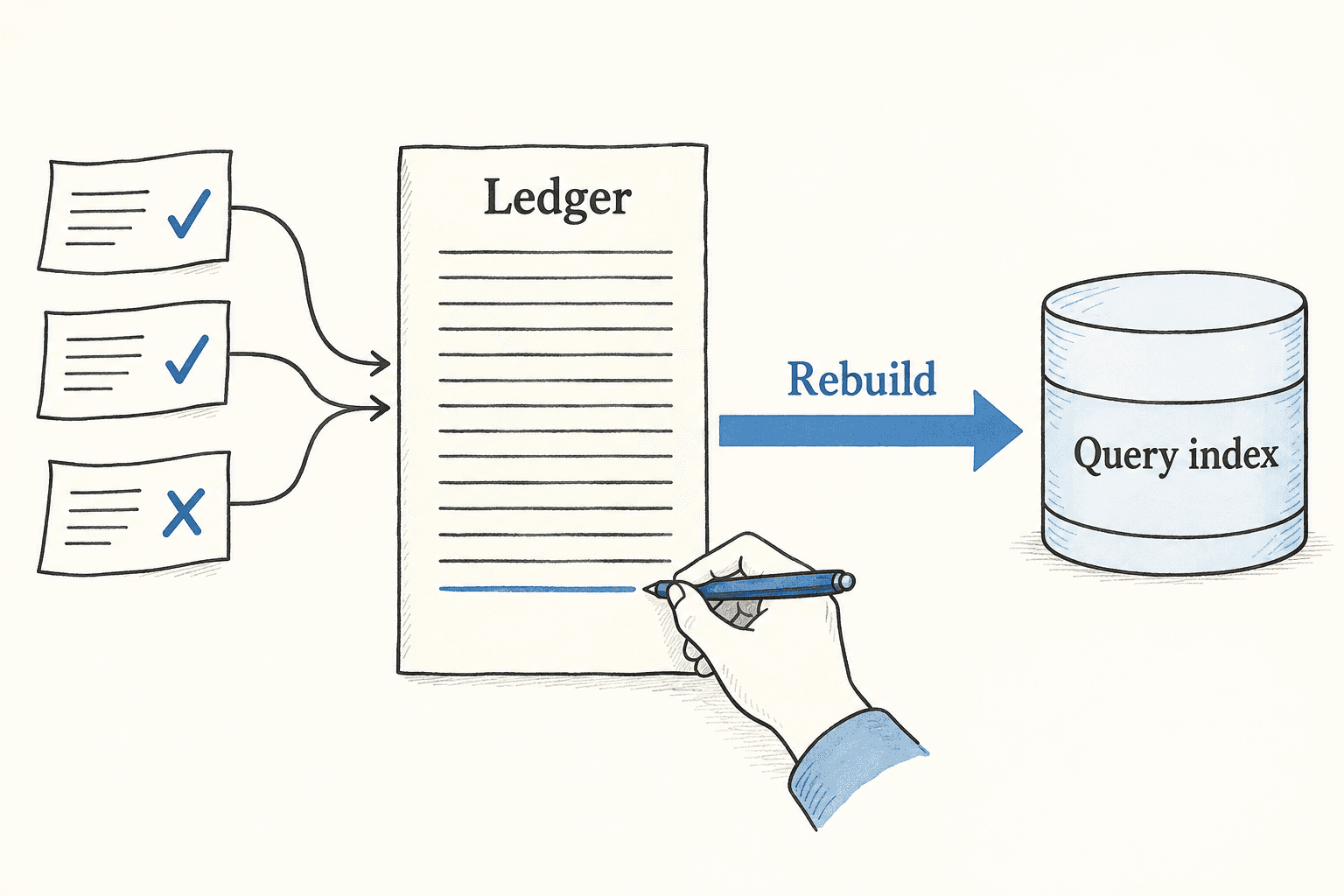 Successful and failed calls enter an append-only ledger from which a query index can be rebuilt.