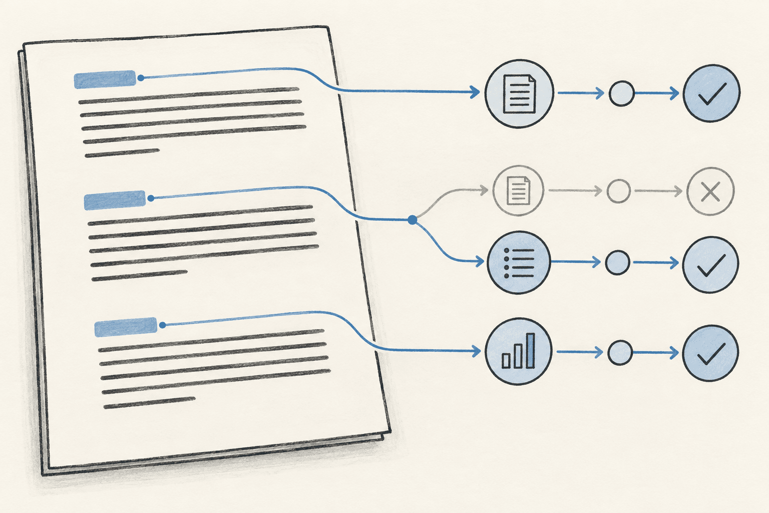 Paragraphs in a document connect to an ordered execution path with an explicit branch.