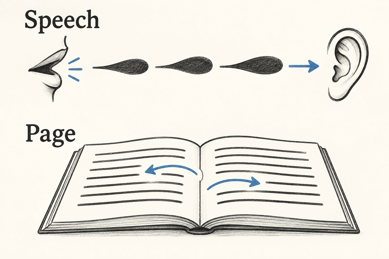 Speech arrives in sequence, while a page remains available for rereading.