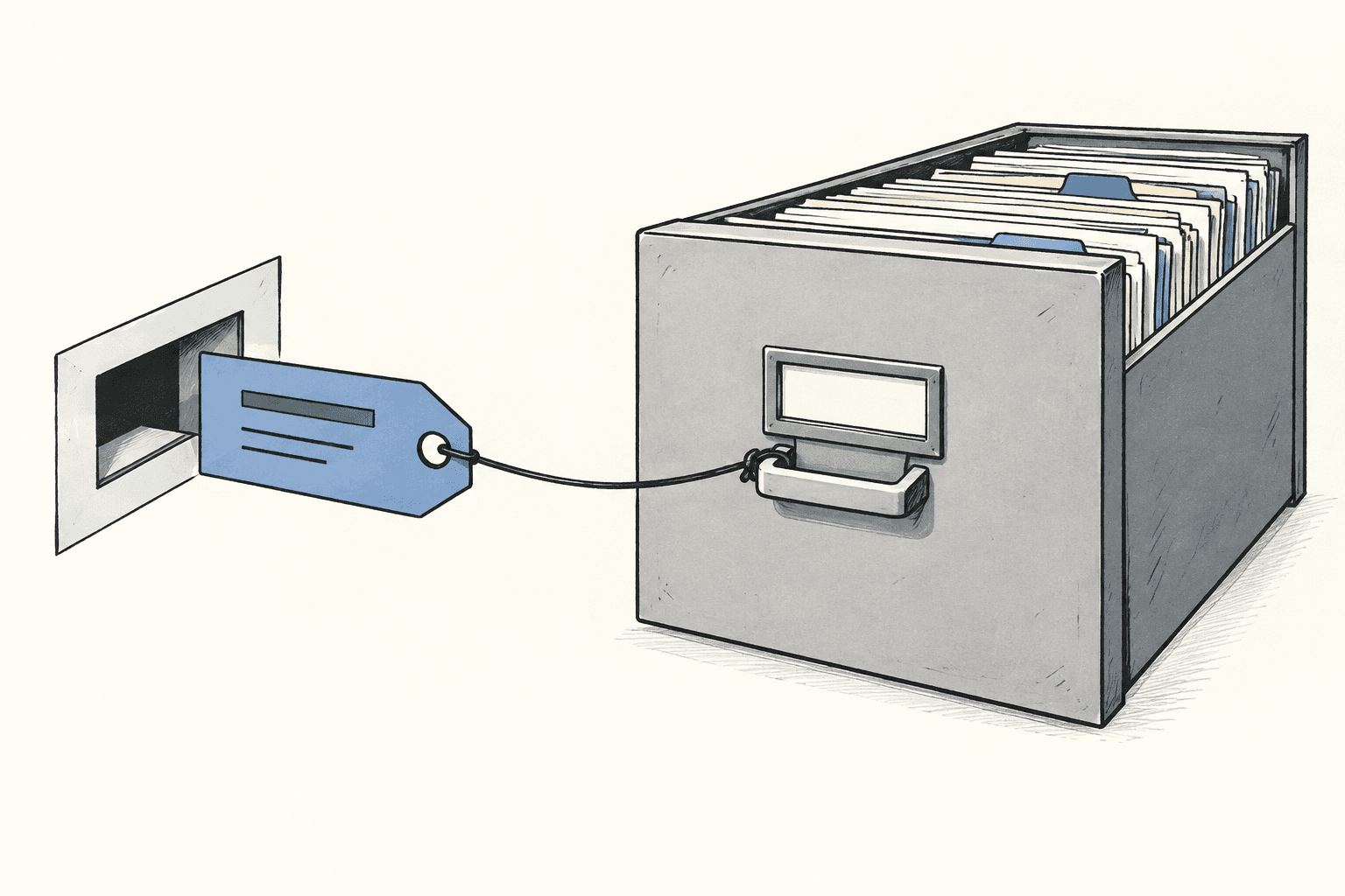 A small handle passes through an opening while the archive it references stays outside.