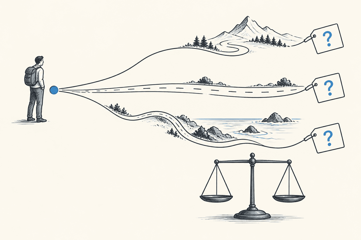 Visible paths carry question marks where their expected value would need to be estimated.