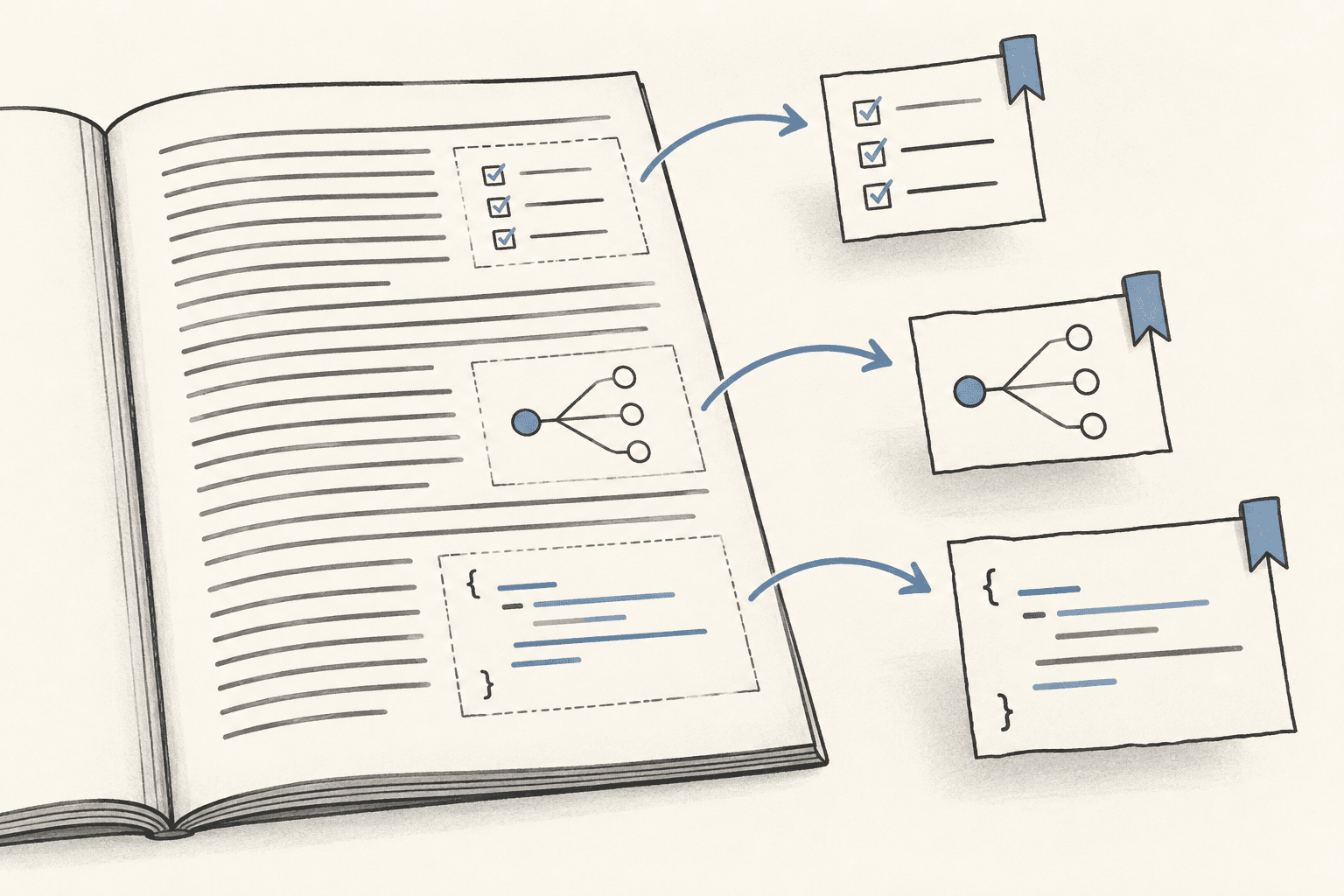 A checklist, diagram and code sample lift out of an article as reusable pieces.