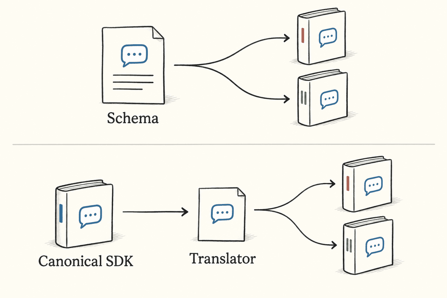 A shared schema and a canonical SDK offer two different sources for language generation.