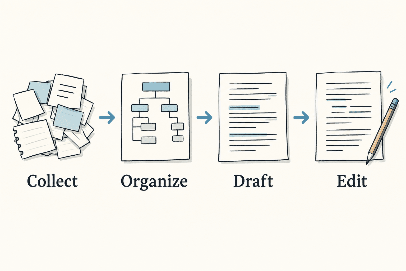 Collecting material, organizing it, drafting, and editing happen in separate passes.