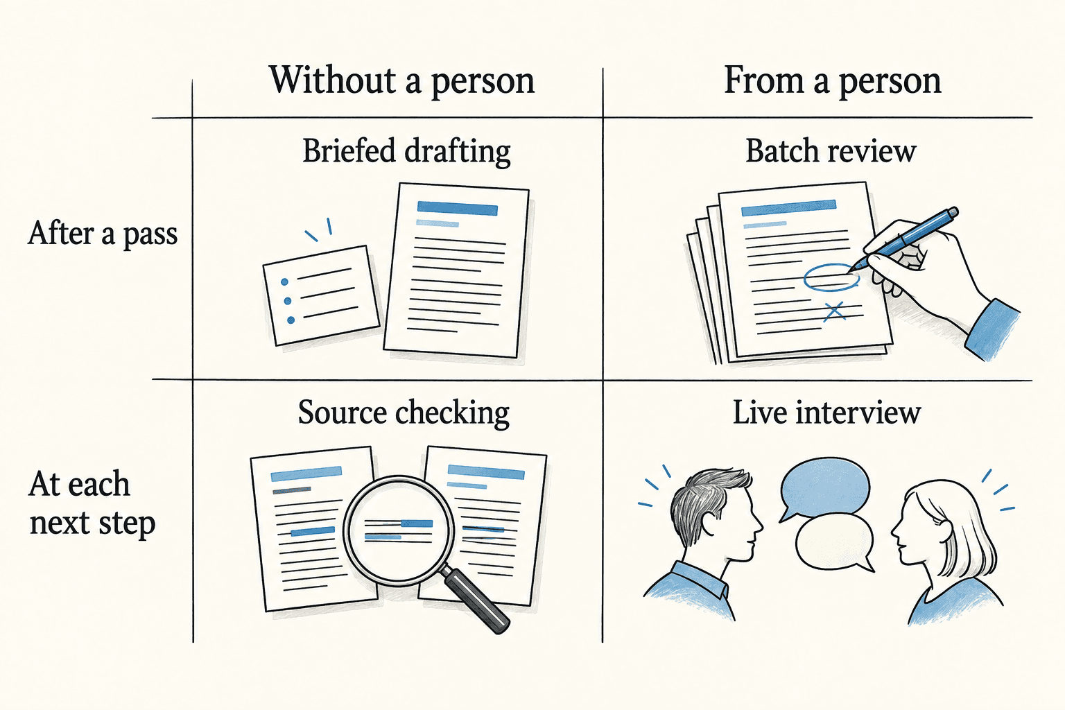 An illustrated matrix separates feedback without or from a person, after a pass or at each next step: briefed drafting, batch review, source checking and live interview.