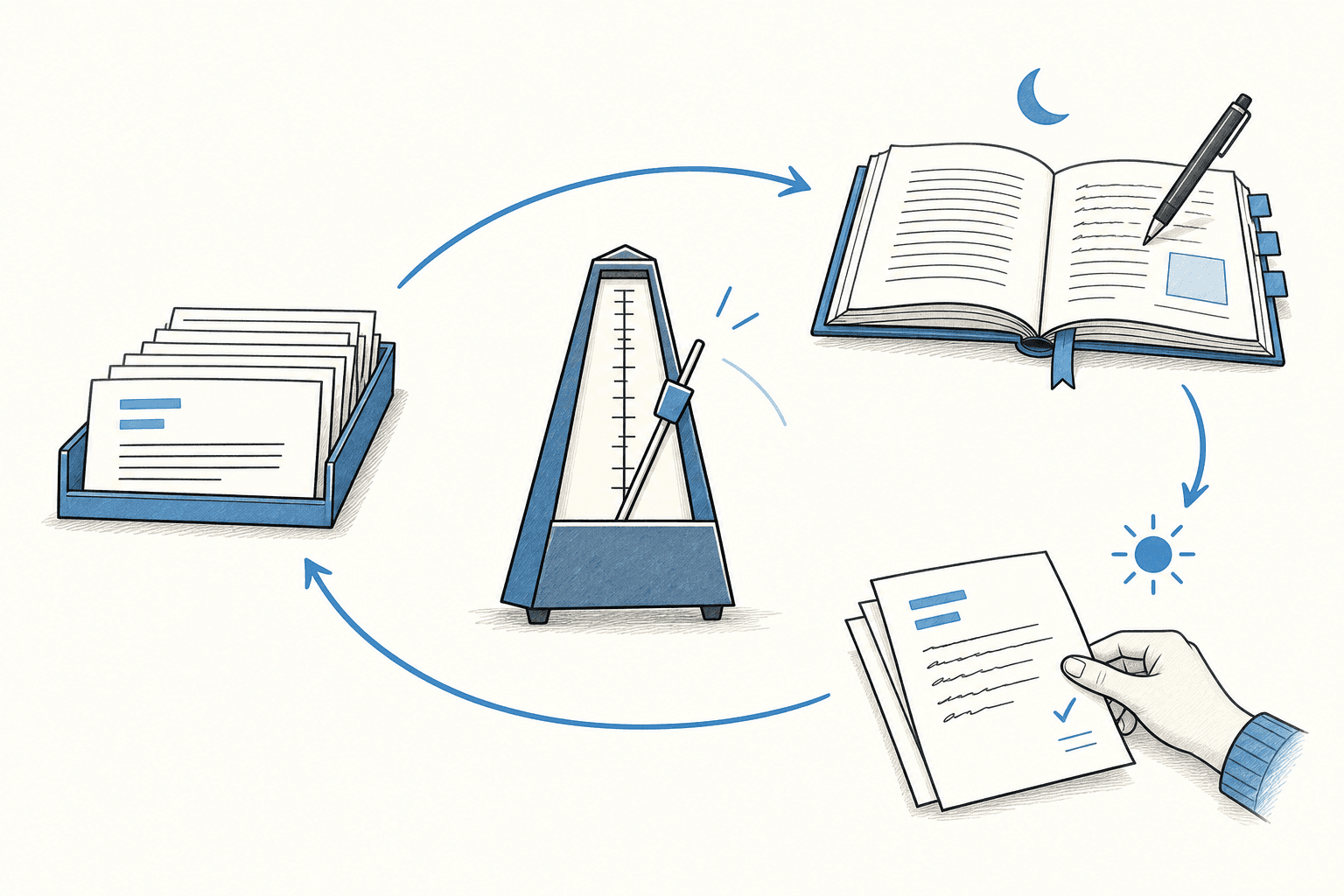 Prepared assignments, unattended research and human review form a loop around a metronome.
