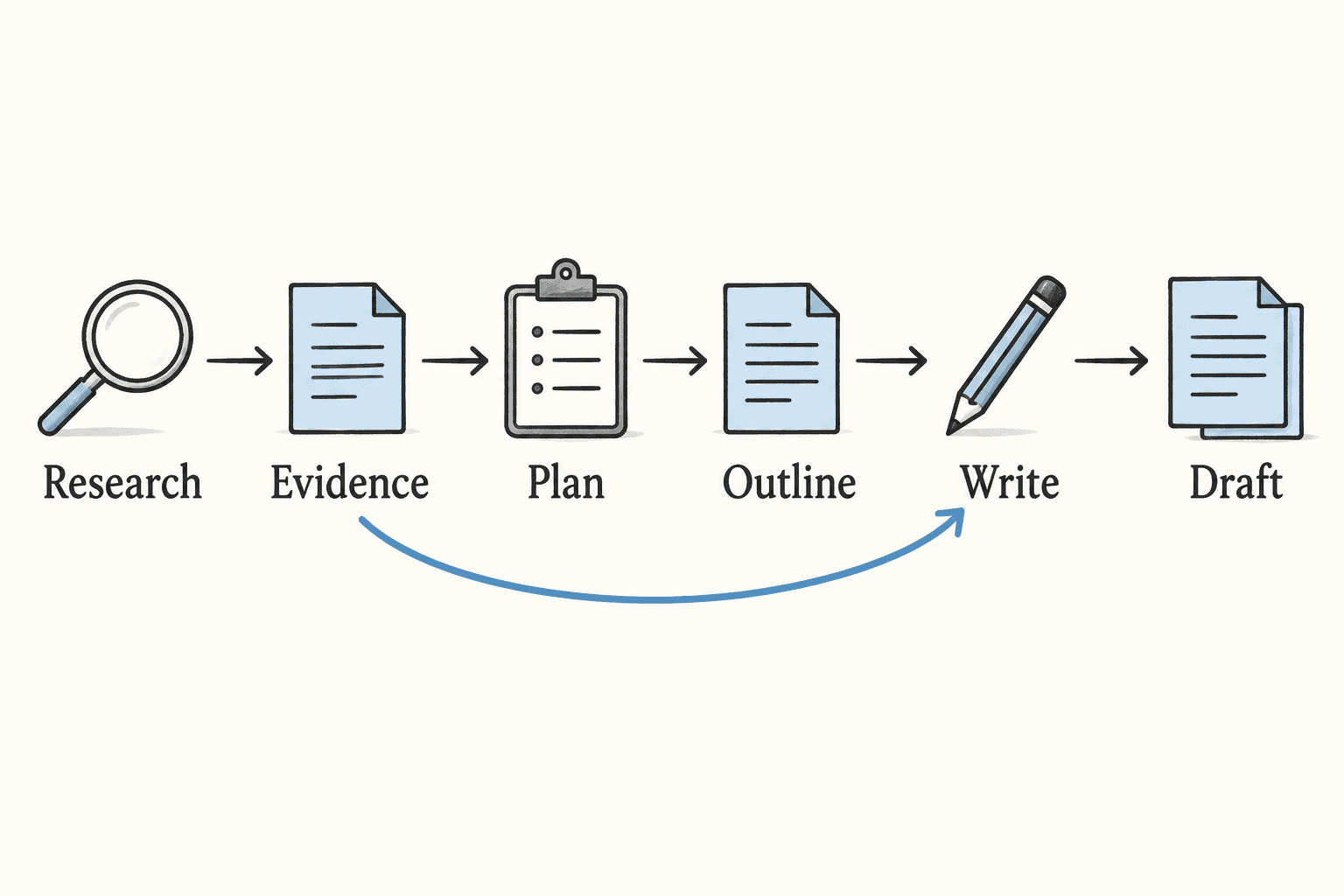 Evidence from research feeds planning and writing, while the outline passes from planning into writing.