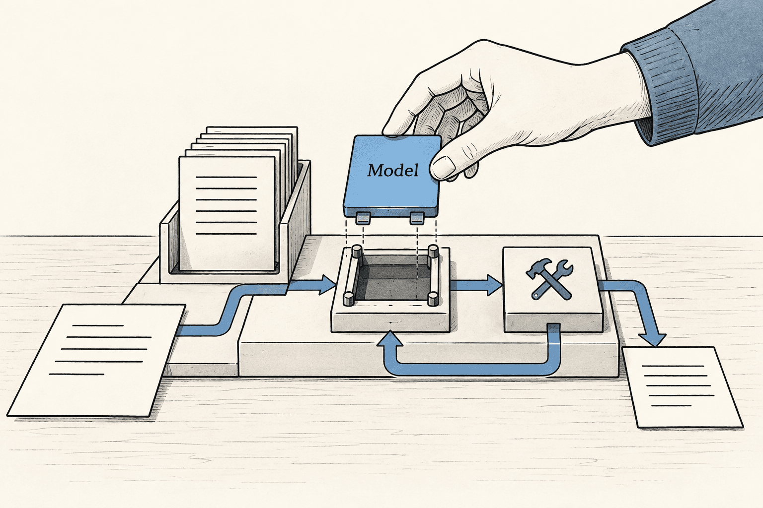 A removable model module sits inside an application whose storage, inputs and tool paths remain in place.